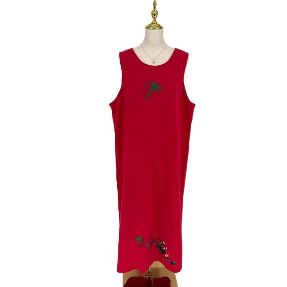 VTG Westbound Christmas Dress PLUS 1X Red Reindeer Santa Sleigh Cotton Back Slit - Picture 4 of 15